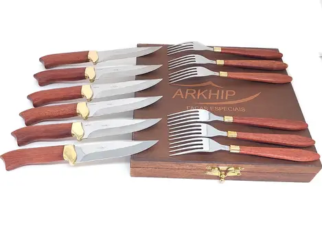 Faqueiro 6 Facas + 6 Garfos Arkhip Churrita Grill Seis 5'' Cabo Madeira Caixa