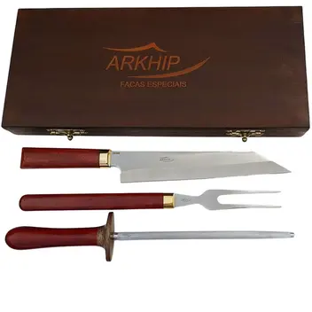 Kit Churrasco Arkhip Santoku Grill Chaira 10'' Cabo Madeira Caixa